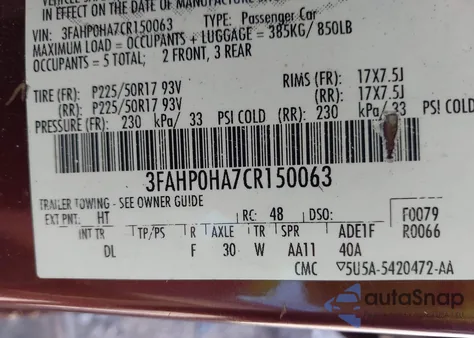 2012 Ford Fusion Se from USA, damaged, VIN 3FAHP0HA7CR150063
